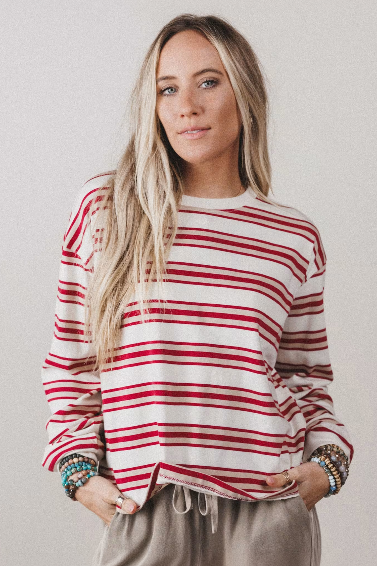 Women's Red Striped Pullover – Casual Long Sleeve Crew Neck - Detail View 7 Women's Red Striped Pullover – Casual Long Sleeve Crew Neck - Detail View 7