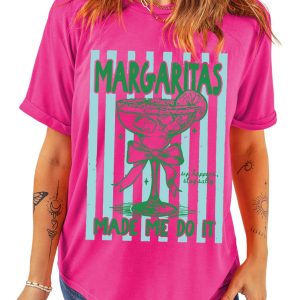 Women's Rose Red Slogan Tee – "Margaritas Made Me Do It" Striped Graphic, Summer Beach Vacation Shirt - Main View