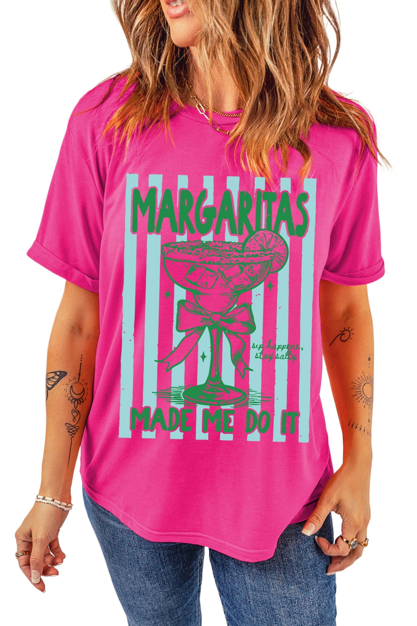 Women's Rose Red Slogan Tee – "Margaritas Made Me Do It" Striped Graphic, Summer Beach Vacation Shirt - Main View Women's Rose Red Slogan Tee – "Margaritas Made Me Do It" Striped Graphic, Summer Beach Vacation Shirt - Main View