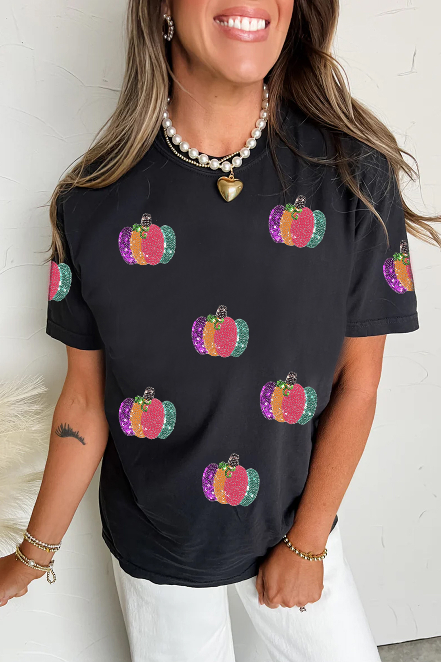 Black Short Sleeve Fall Tee, Sequin Pumpkin Graphic Casual Top - Detail View 2 Black Short Sleeve Fall Tee, Sequin Pumpkin Graphic Casual Top - Detail View 2
