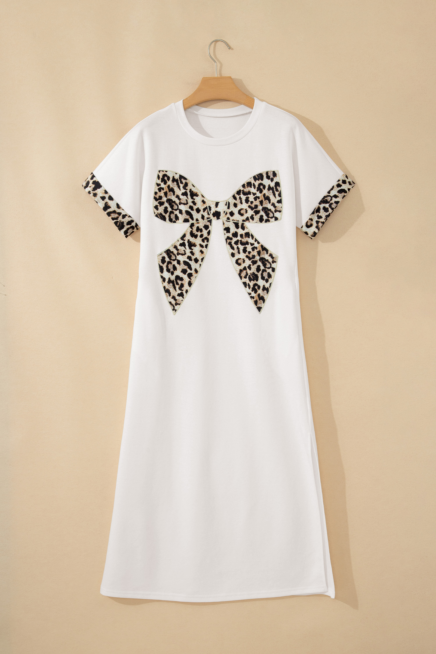 Chic White Leopard Print Bow Maxi Dress for Women – High Waist Summer Shift Dress with Side Split - Detail View 2 Chic White Leopard Print Bow Maxi Dress for Women – High Waist Summer Shift Dress with Side Split - Detail View 2