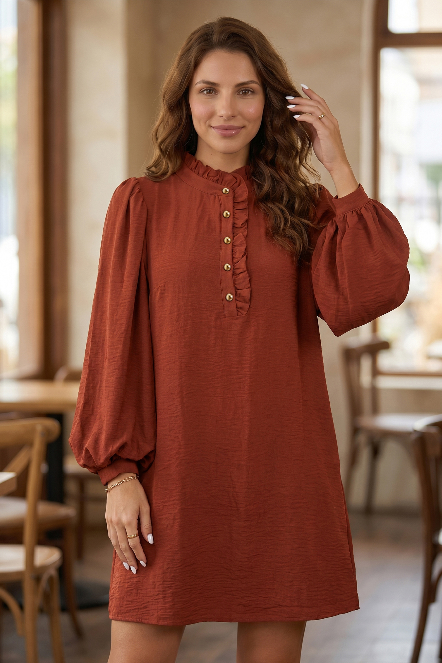 Casual Coffee Shift Dress, Long Sleeve Daily Autumn Dress - Detail View 3 Casual Coffee Shift Dress, Long Sleeve Daily Autumn Dress - Detail View 3