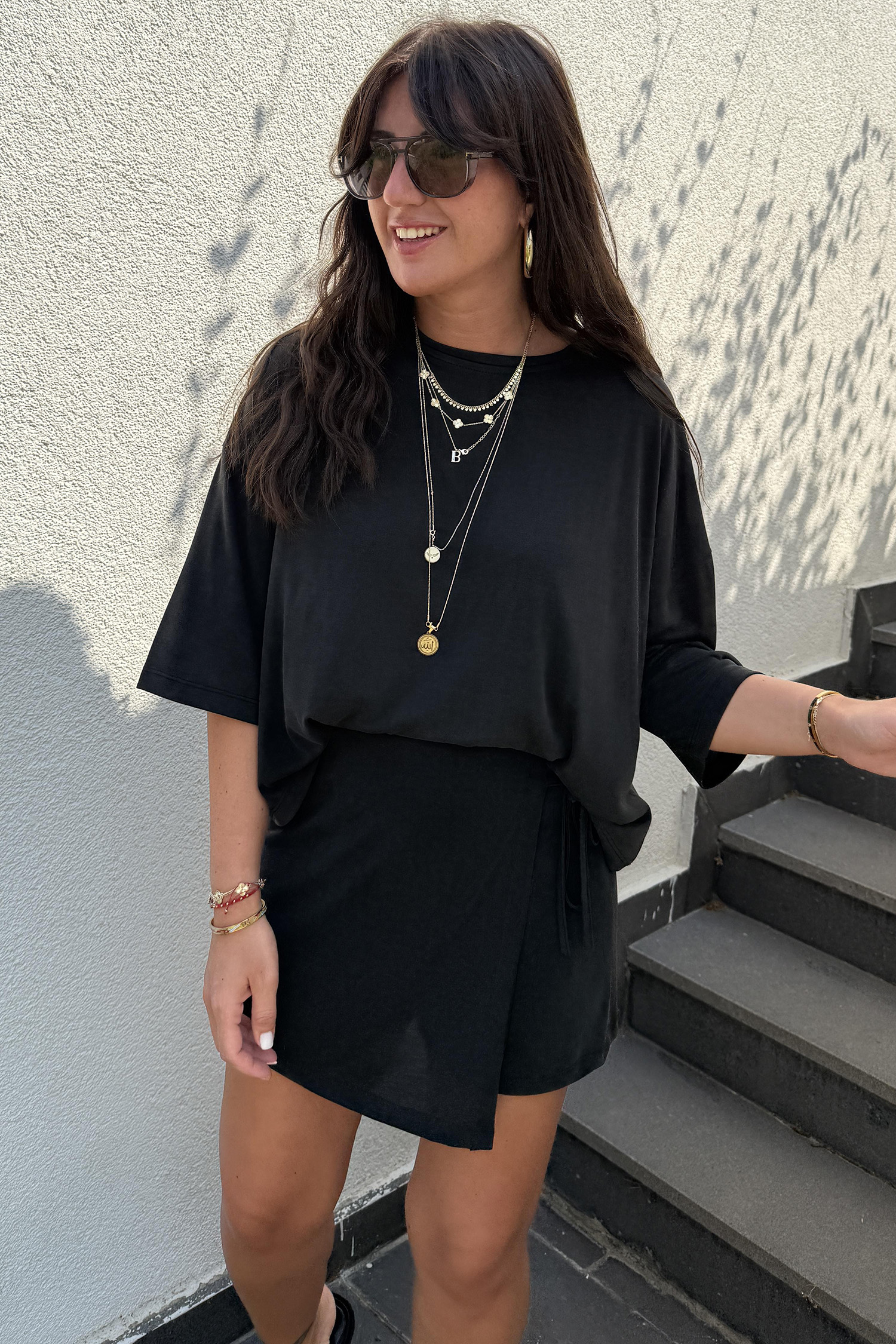 Women's Casual Office Ensemble – Solid Black Oversized T-Shirt and Mini Wrap Skort, 2-Piece Set - Detail View 2 Women's Casual Office Ensemble – Solid Black Oversized T-Shirt and Mini Wrap Skort, 2-Piece Set - Detail View 2