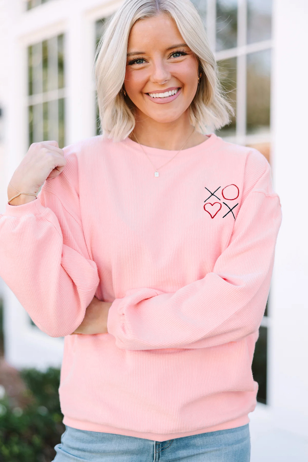 Casual Women's Pink 3D Ribbed Sweatshirt with Heart Embroidery – Ideal for Spring and Autumn - Detail View 6 Casual Women's Pink 3D Ribbed Sweatshirt with Heart Embroidery – Ideal for Spring and Autumn - Detail View 6