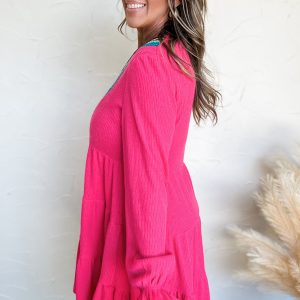 Women's Rose Red Colorful Crochet V Neck Textured Tiered Ruffled Long Sleeve Mini Dress - Main View