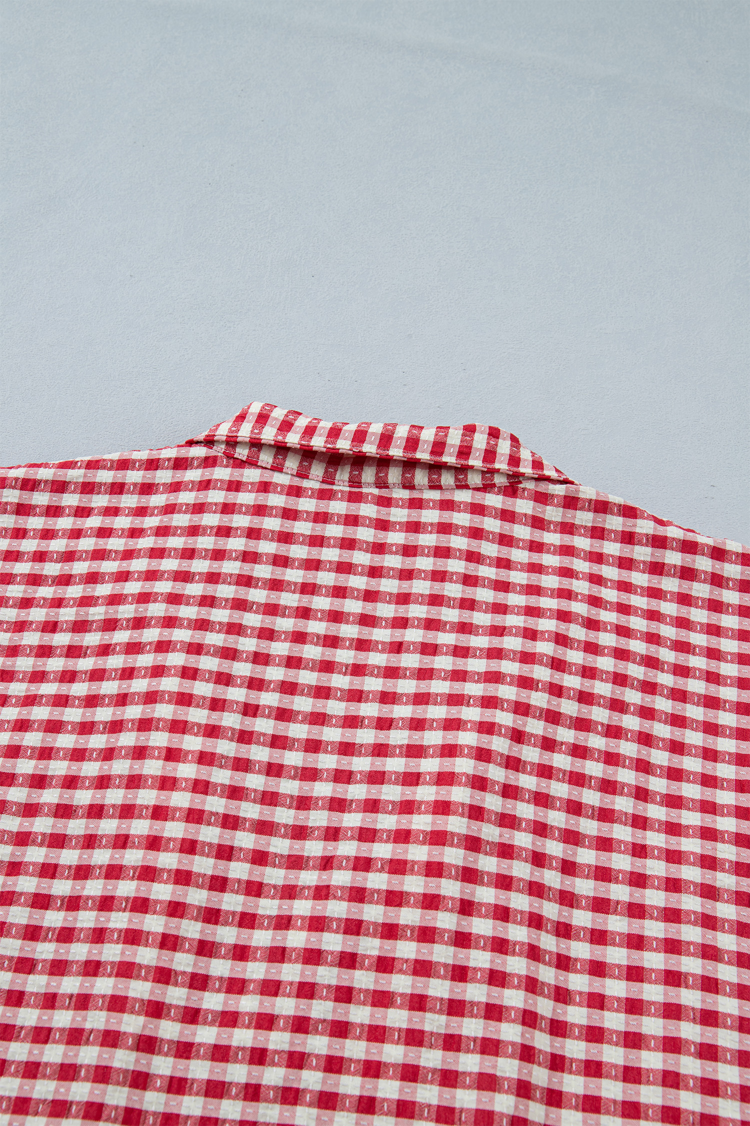 Women's Red Plaid Short Sleeve Blouse – Casual Split Neck Colorblock Trim Top for Daily Wear - Detail View 7 Women's Red Plaid Short Sleeve Blouse – Casual Split Neck Colorblock Trim Top for Daily Wear - Detail View 7