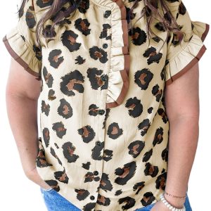Women's Plus Size Leopard Print Blouse – Khaki Short Sleeve Button Down Summer Top - Main View