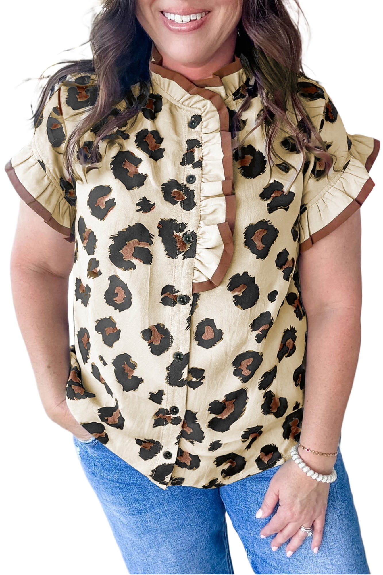 Women's Plus Size Leopard Print Blouse – Khaki Short Sleeve Button Down Summer Top - Main View Women's Plus Size Leopard Print Blouse – Khaki Short Sleeve Button Down Summer Top - Main View