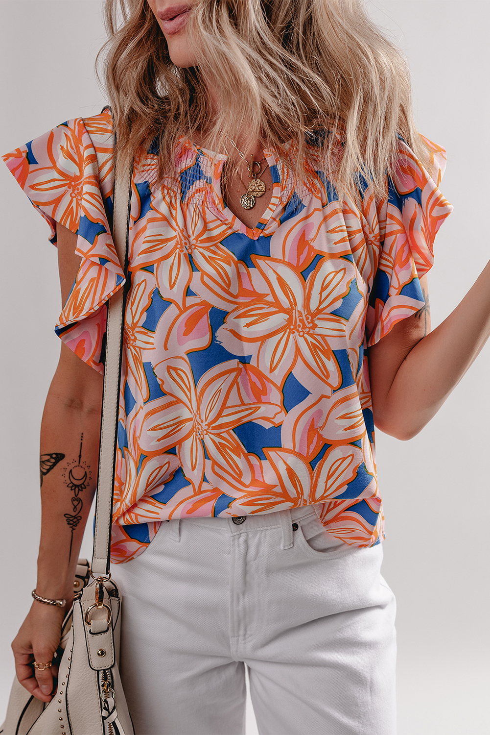 Women's Blouse, Orange, Summer Flower Print, Notched Neck, Ruffle Sleeves, Casual Wear, Floral Pattern, Daily Wear, Trendy Design, Feminine Style, Lightweight, Comfortable, Tops & Shirts - Detail View 4 Women's Blouse, Orange, Summer Flower Print, Notched Neck, Ruffle Sleeves, Casual Wear, Floral Pattern, Daily Wear, Trendy Design, Feminine Style, Lightweight, Comfortable, Tops & Shirts - Detail View 4