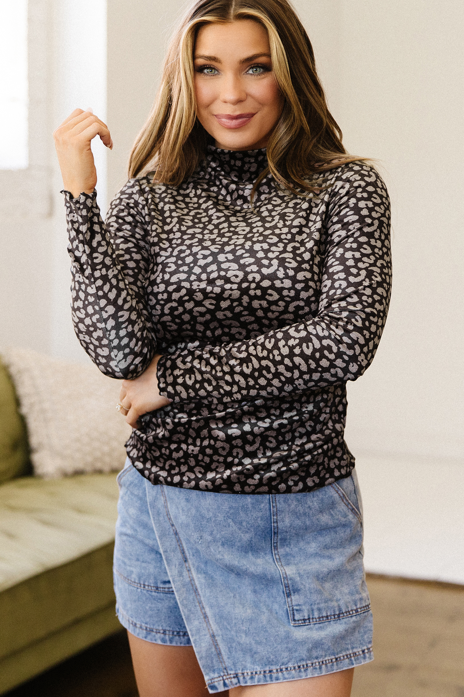 Leopard Print Fall Top for Women - Western Mock Neck Pullover - Detail View 5 Leopard Print Fall Top for Women - Western Mock Neck Pullover - Detail View 5