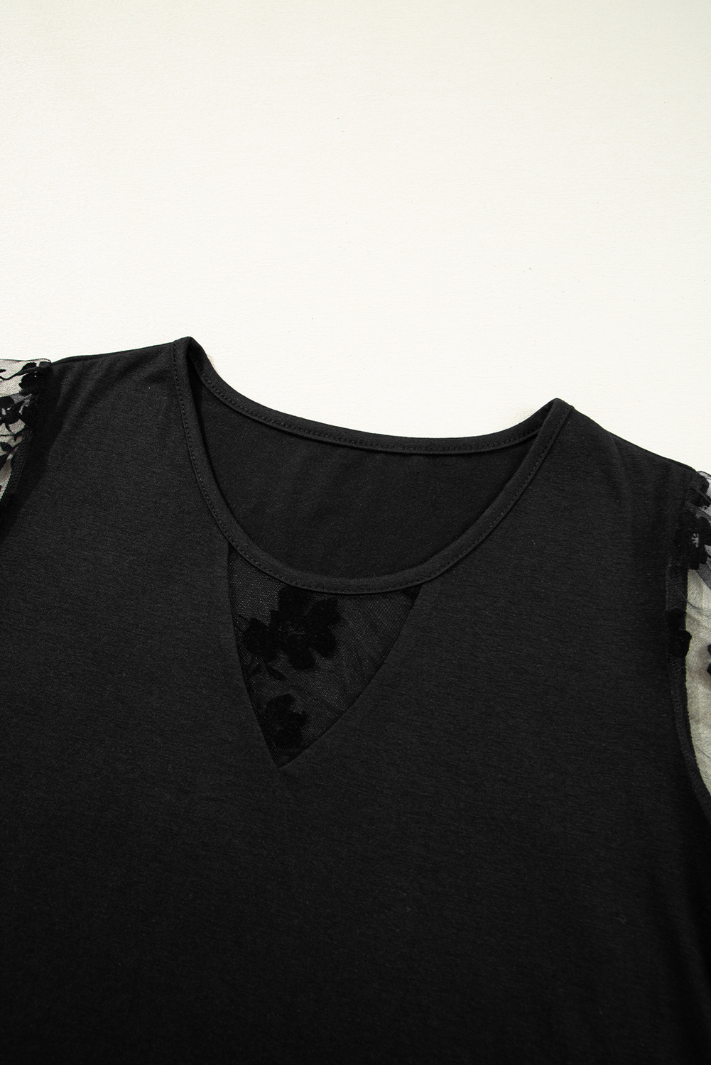Elegant Women's Black Flora Lace Patchwork Crew Neck T-Shirt with Mesh Puff Sleeves - Detail View 13 Elegant Women's Black Flora Lace Patchwork Crew Neck T-Shirt with Mesh Puff Sleeves - Detail View 13
