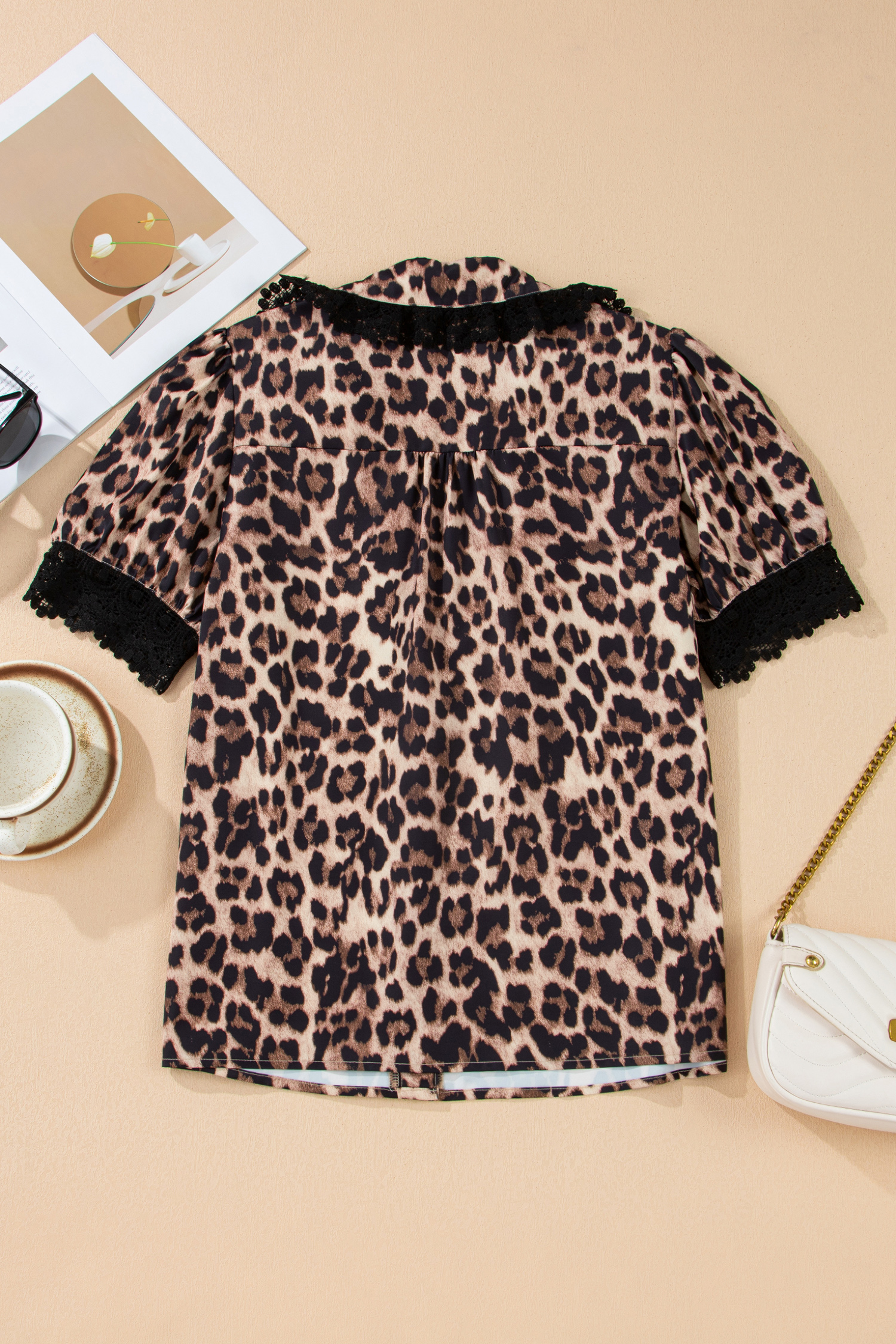 Chic Brown Leopard Print Button Down Shirt for Women – Lace Trimmed Short Sleeve Style - Detail View 5 Chic Brown Leopard Print Button Down Shirt for Women – Lace Trimmed Short Sleeve Style - Detail View 5