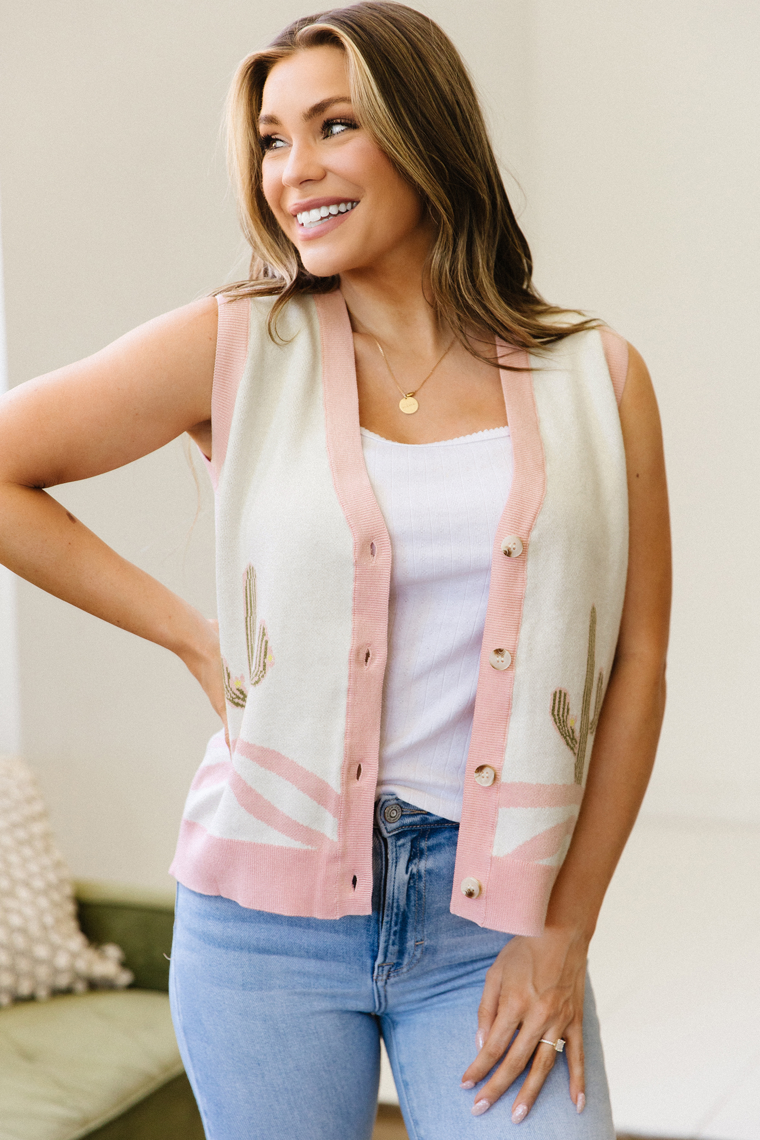 Women's Cactus Print Sweater Vest, Pink Button Front Layer - Detail View 7 Women's Cactus Print Sweater Vest, Pink Button Front Layer - Detail View 7