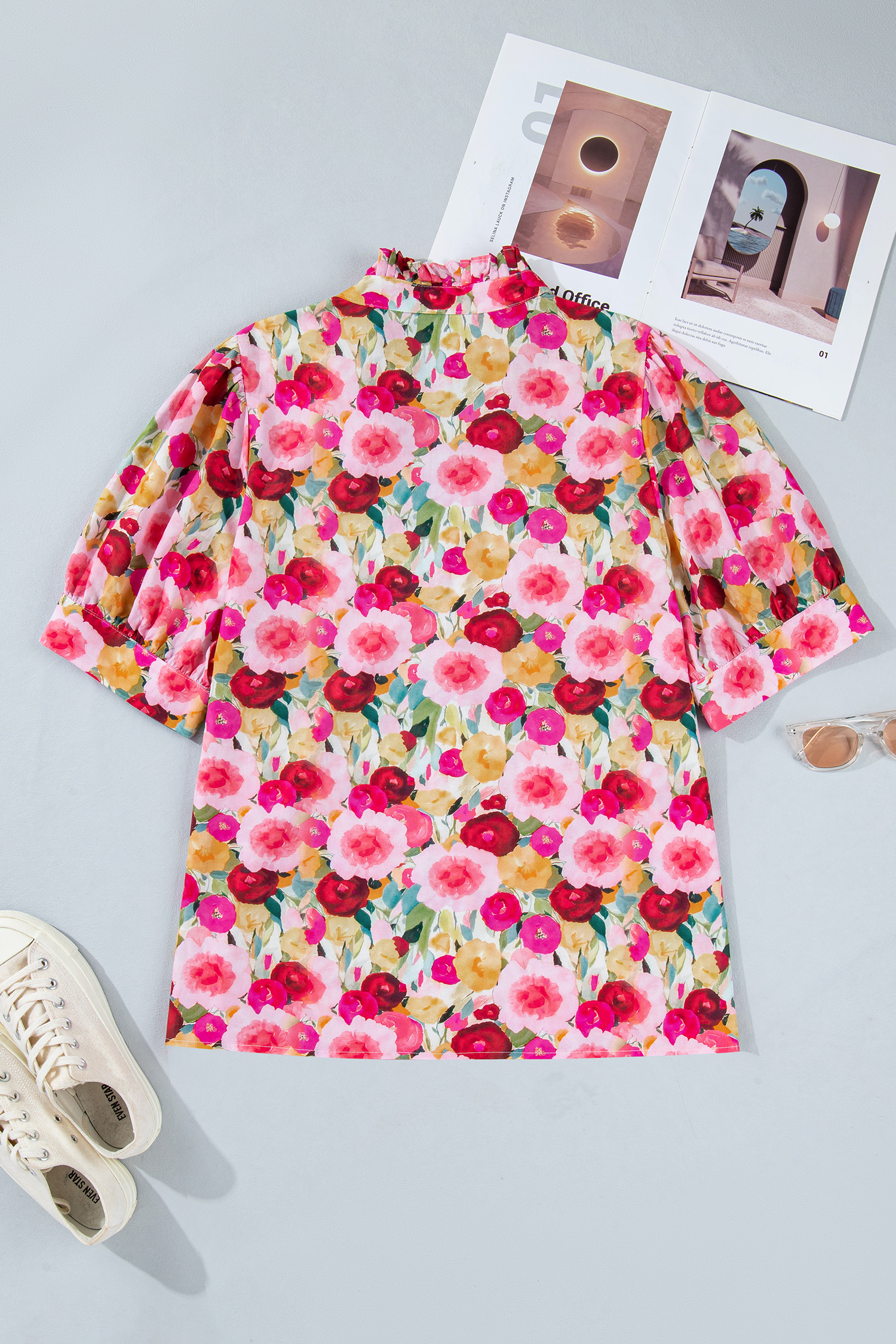 Southern Belle Pink Flower Print Shirt for Women – Cotton Viscose V Neck Puff Sleeve Shift Top - Detail View 5 Southern Belle Pink Flower Print Shirt for Women – Cotton Viscose V Neck Puff Sleeve Shift Top - Detail View 5