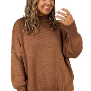 Women's Chestnut Oversized Sweater, Casual Mock Neck Knit - Main View