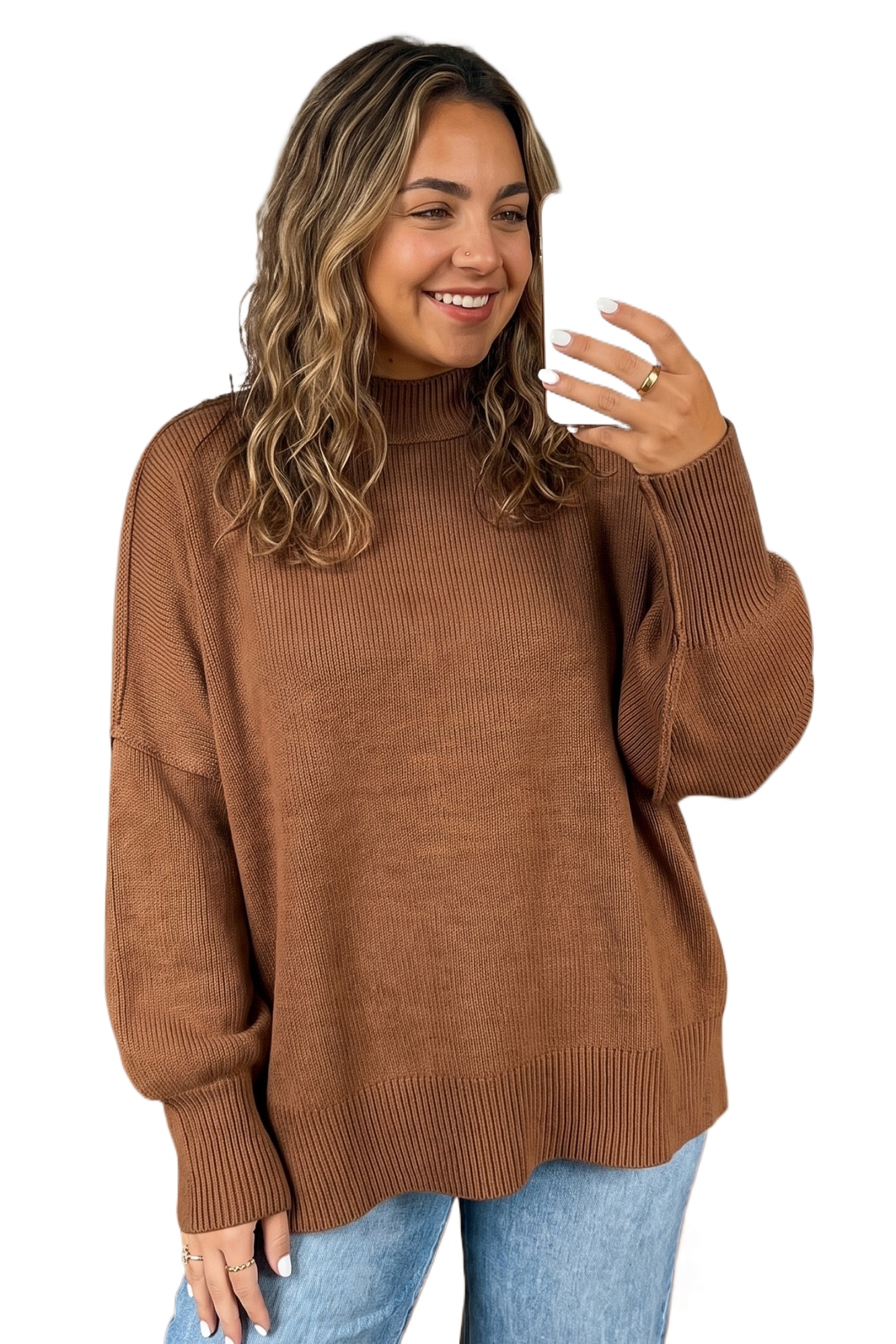 Women's Chestnut Oversized Sweater, Casual Mock Neck Knit - Main View Women's Chestnut Oversized Sweater, Casual Mock Neck Knit - Main View