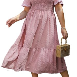 Women's Pink Swiss Dot Midi Dress – Smocked High Waist Flowy Summer Shift Dress - Main View