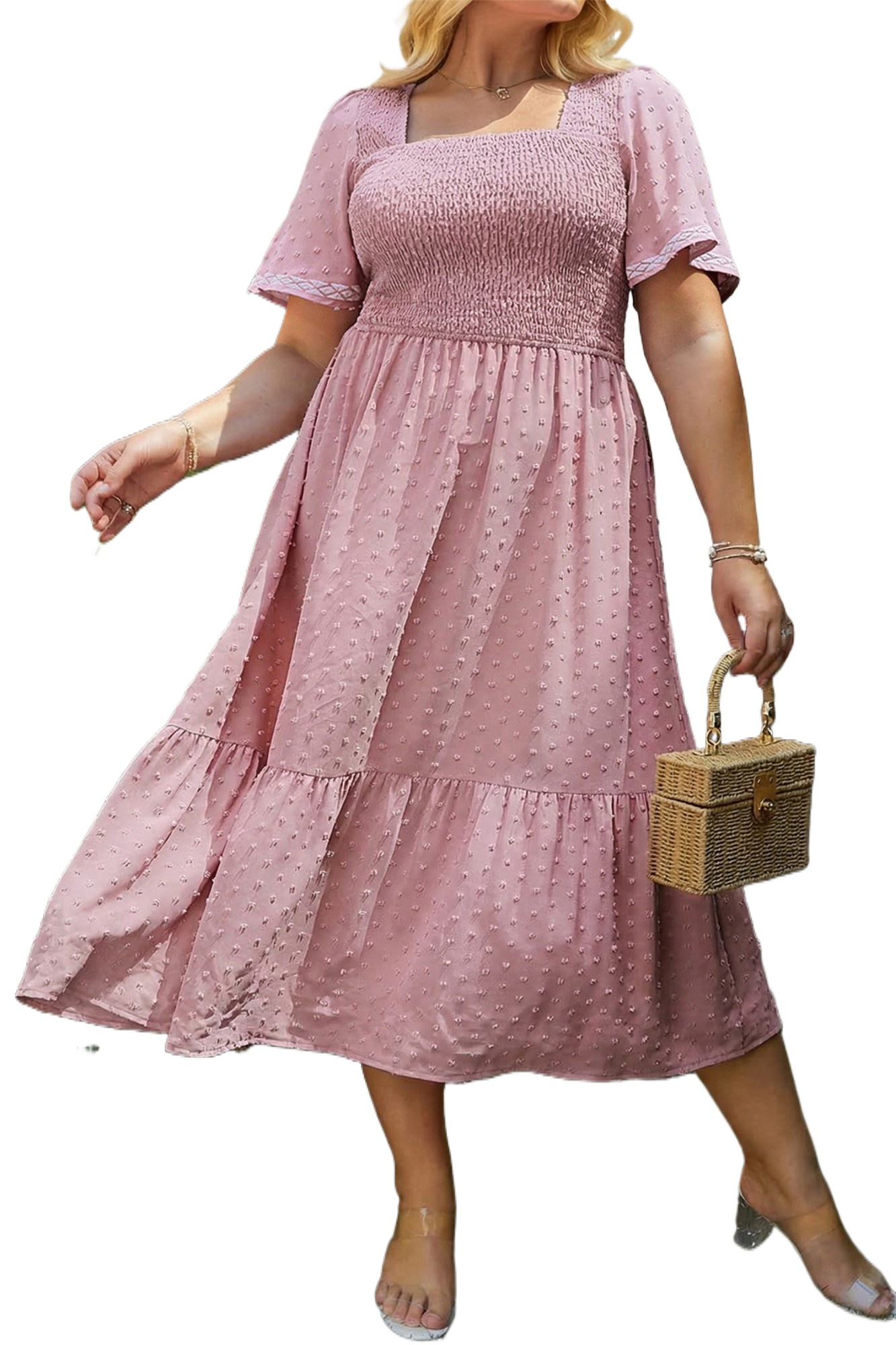 Women's Pink Swiss Dot Midi Dress – Smocked High Waist Flowy Summer Shift Dress - Main View Women's Pink Swiss Dot Midi Dress – Smocked High Waist Flowy Summer Shift Dress - Main View