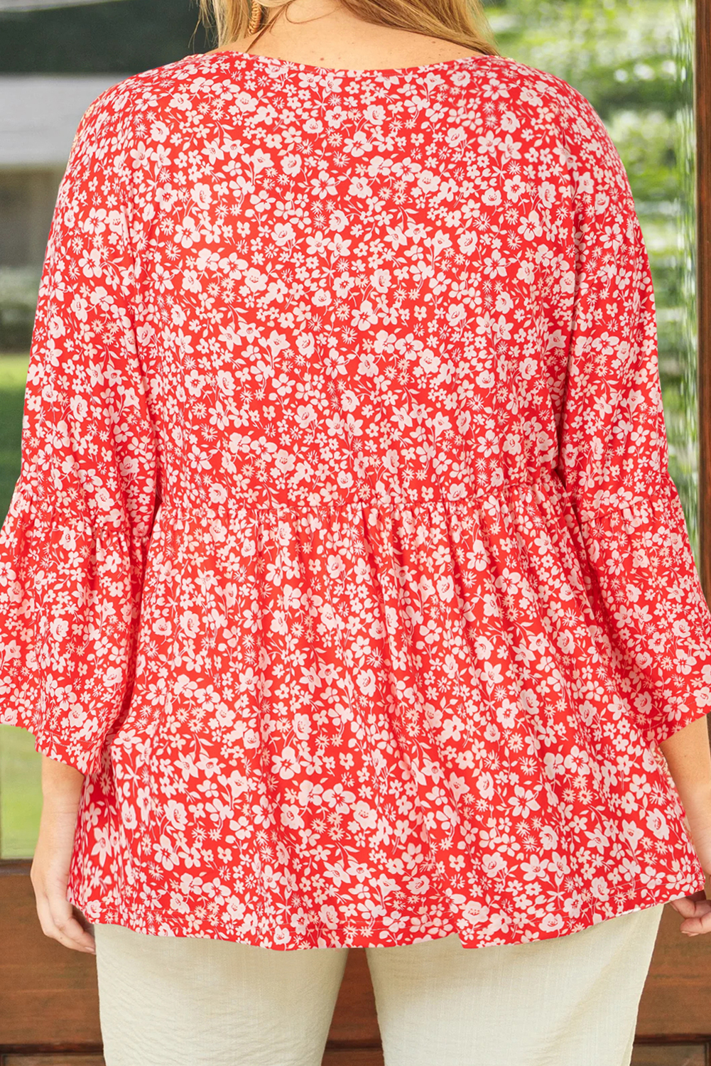 Elegant Babydoll Design Plus Size Blouse - Red Floral Print with Ruffle Sleeves - Detail View 2 Elegant Babydoll Design Plus Size Blouse - Red Floral Print with Ruffle Sleeves - Detail View 2