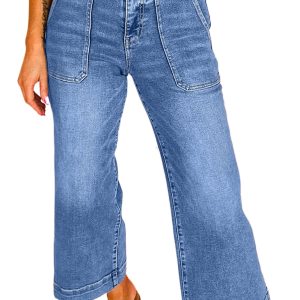 Women's Sky Blue Cropped High Rise Wide Leg Jeans - Casual and Stylish - Main View