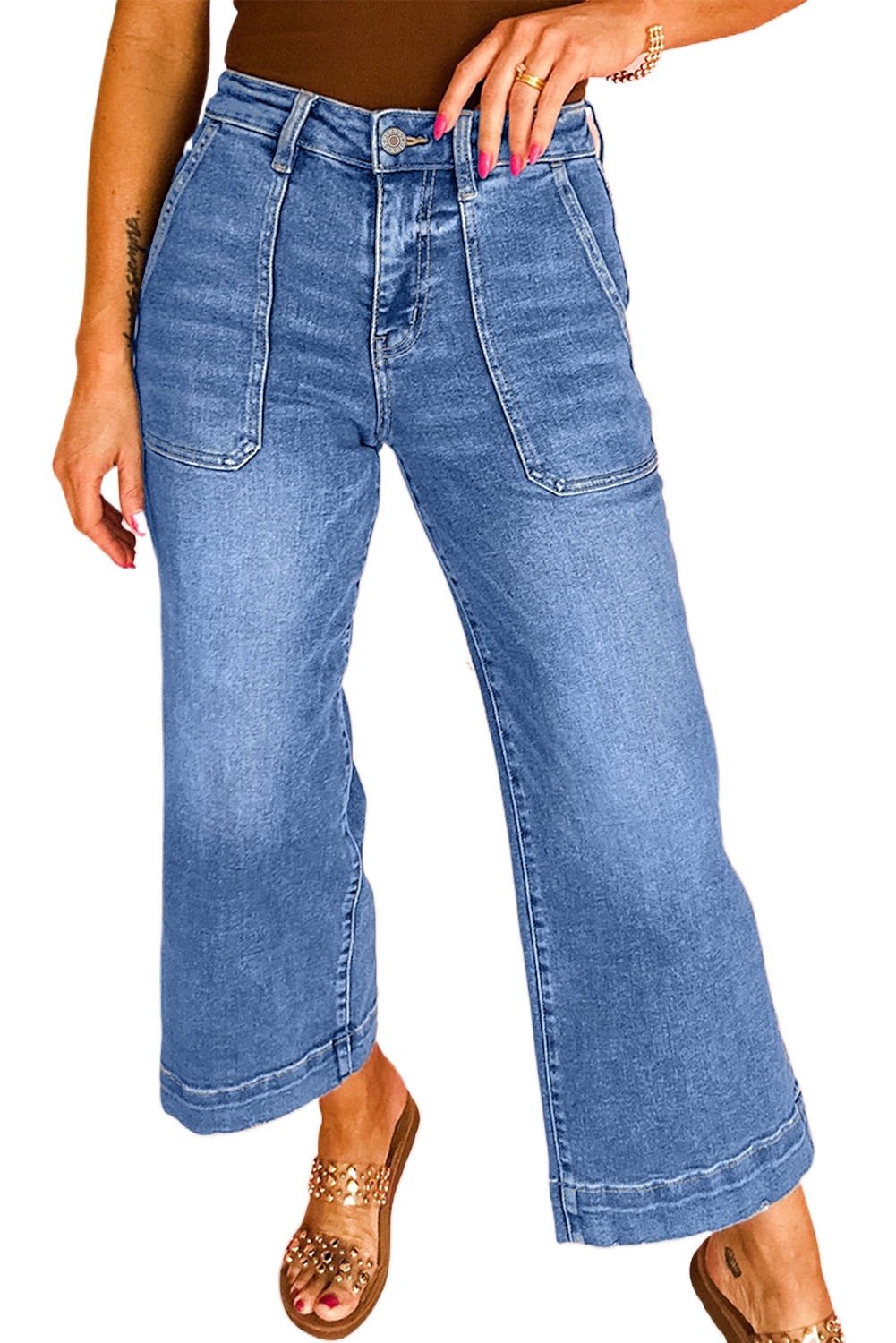 Women's Sky Blue Cropped High Rise Wide Leg Jeans - Casual and Stylish - Main View Women's Sky Blue Cropped High Rise Wide Leg Jeans - Casual and Stylish - Main View