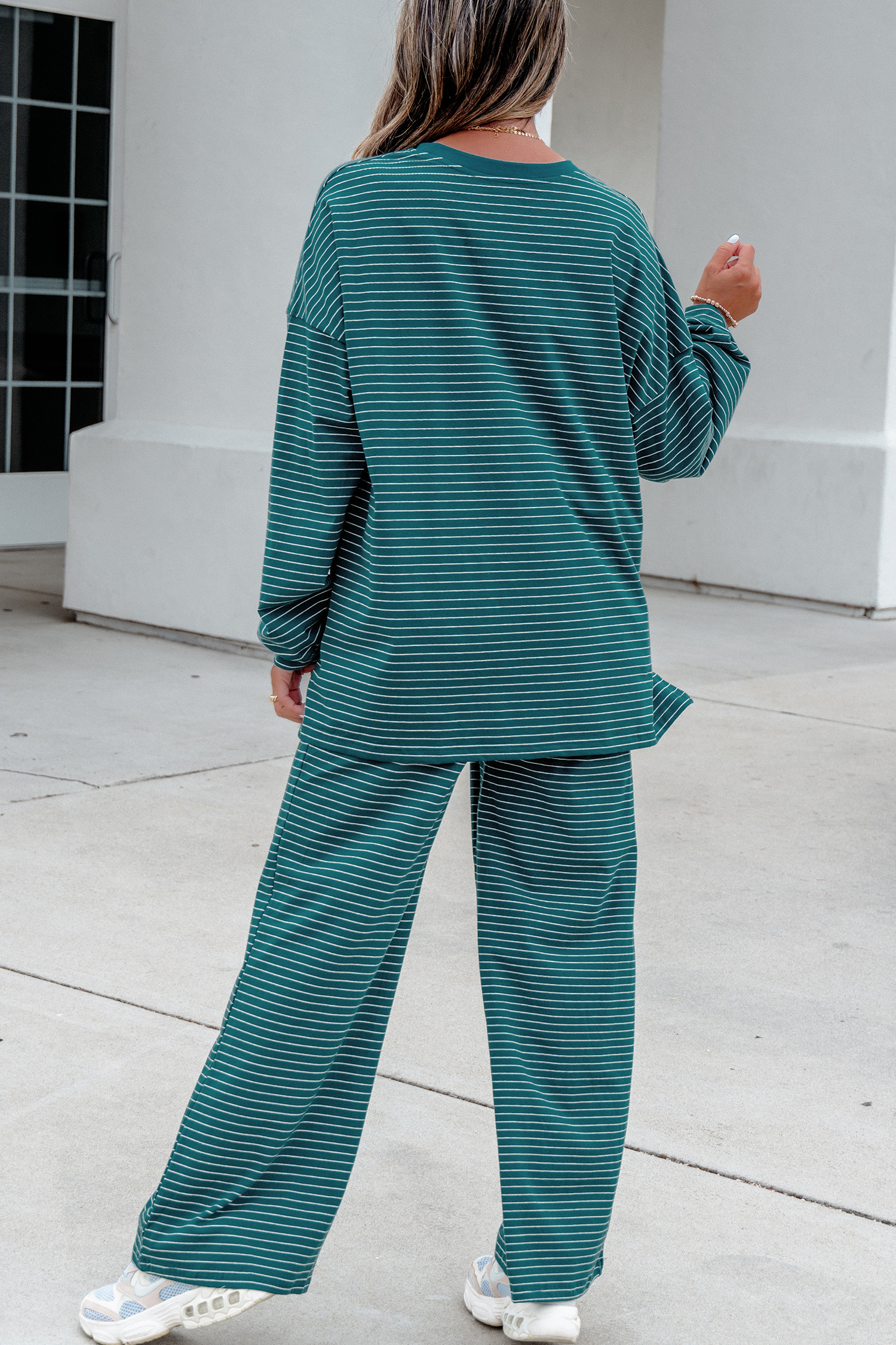 Green Striped Lounge Set, Relaxed Long Sleeve Crew Neck - Detail View 2 Green Striped Lounge Set, Relaxed Long Sleeve Crew Neck - Detail View 2
