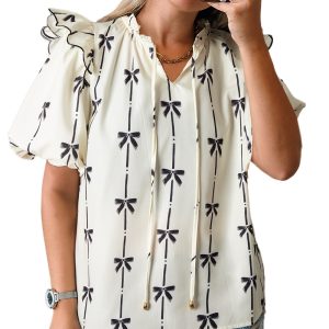 Women's Beige Bow Printed Ruffled Bubble Sleeve Tied Notched V Neck Blouse - Cute & Feminine - Main View