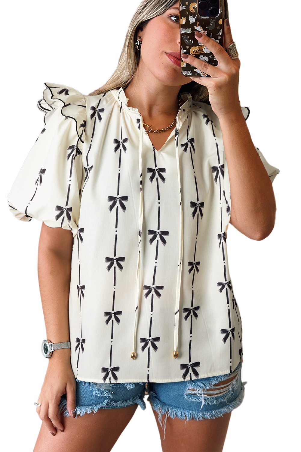 Women's Beige Bow Printed Ruffled Bubble Sleeve Tied Notched V Neck Blouse - Cute & Feminine - Main View Women's Beige Bow Printed Ruffled Bubble Sleeve Tied Notched V Neck Blouse - Cute & Feminine - Main View