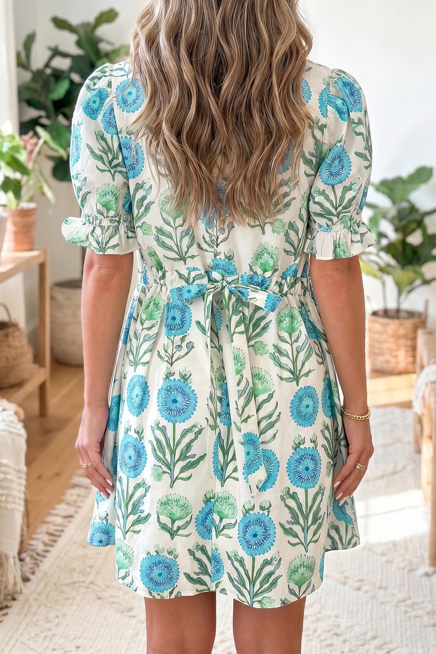 Sky Blue Floral Shift Dress – Short Sleeve Vacation Mini Wear - Detail View 2 Sky Blue Floral Shift Dress – Short Sleeve Vacation Mini Wear - Detail View 2