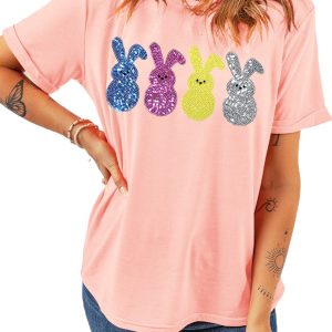 Women's Pink Sequin Cute Bunny Graphic Easter Fashion Tee - Main View