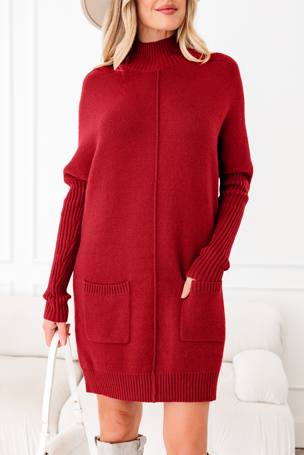 Versatile Women's Mini Fiery Red Ribbed Dress with Front Pockets – Everyday Comfort - Detail View 6 Versatile Women's Mini Fiery Red Ribbed Dress with Front Pockets – Everyday Comfort - Detail View 6