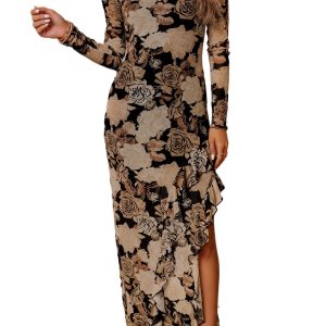 Women's Floral Mesh Maxi Dress, Elegant Long Sleeve Ruffle - Main View