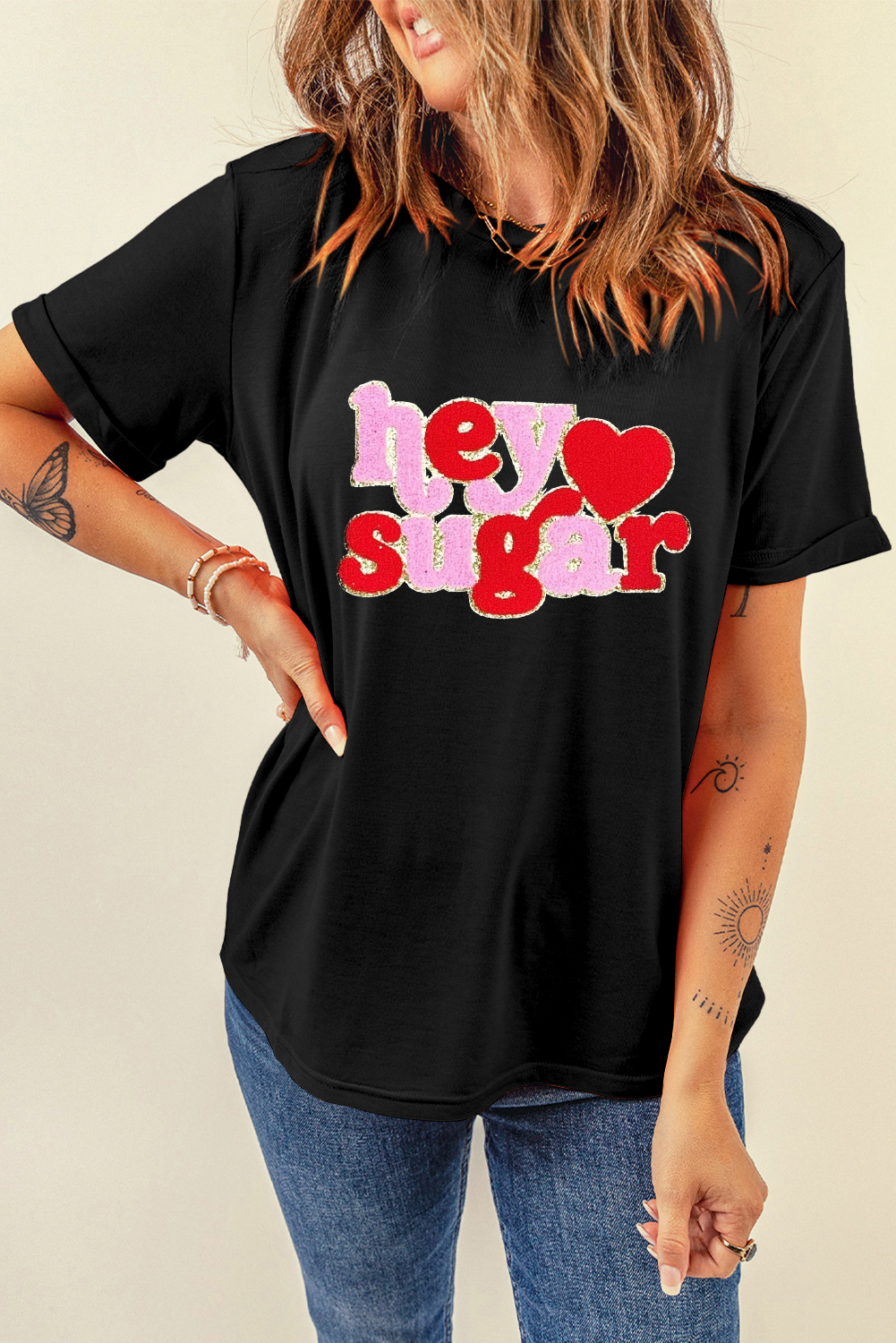 Cute Valentine's Day Graphic T-Shirt with Relaxed Fit and Adorable 'Hey Sugar' Design - Detail View 7 Cute Valentine's Day Graphic T-Shirt with Relaxed Fit and Adorable 'Hey Sugar' Design - Detail View 7