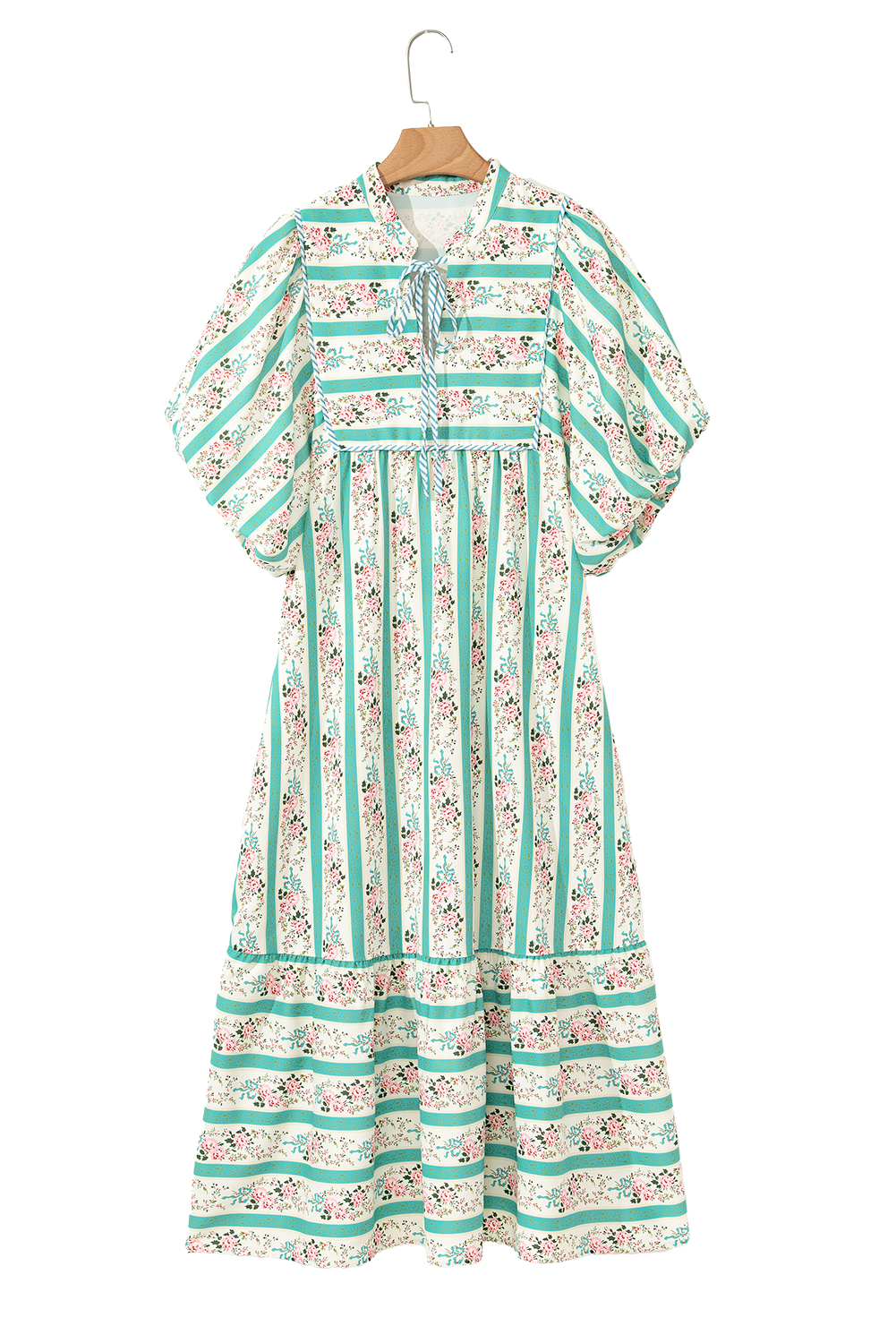 Women's Multicolour Striped Floral Print Tie Split Neck Puff Sleeve Midi Dress - Detail View 13 Women's Multicolour Striped Floral Print Tie Split Neck Puff Sleeve Midi Dress - Detail View 13
