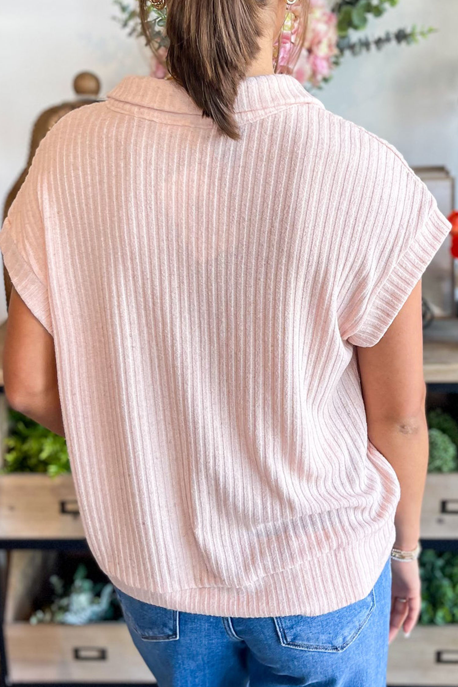 Women's Light Pink Collared V Neck Tee – Stylish Ribbed Top for Daily Wear - Detail View 2 Women's Light Pink Collared V Neck Tee – Stylish Ribbed Top for Daily Wear - Detail View 2