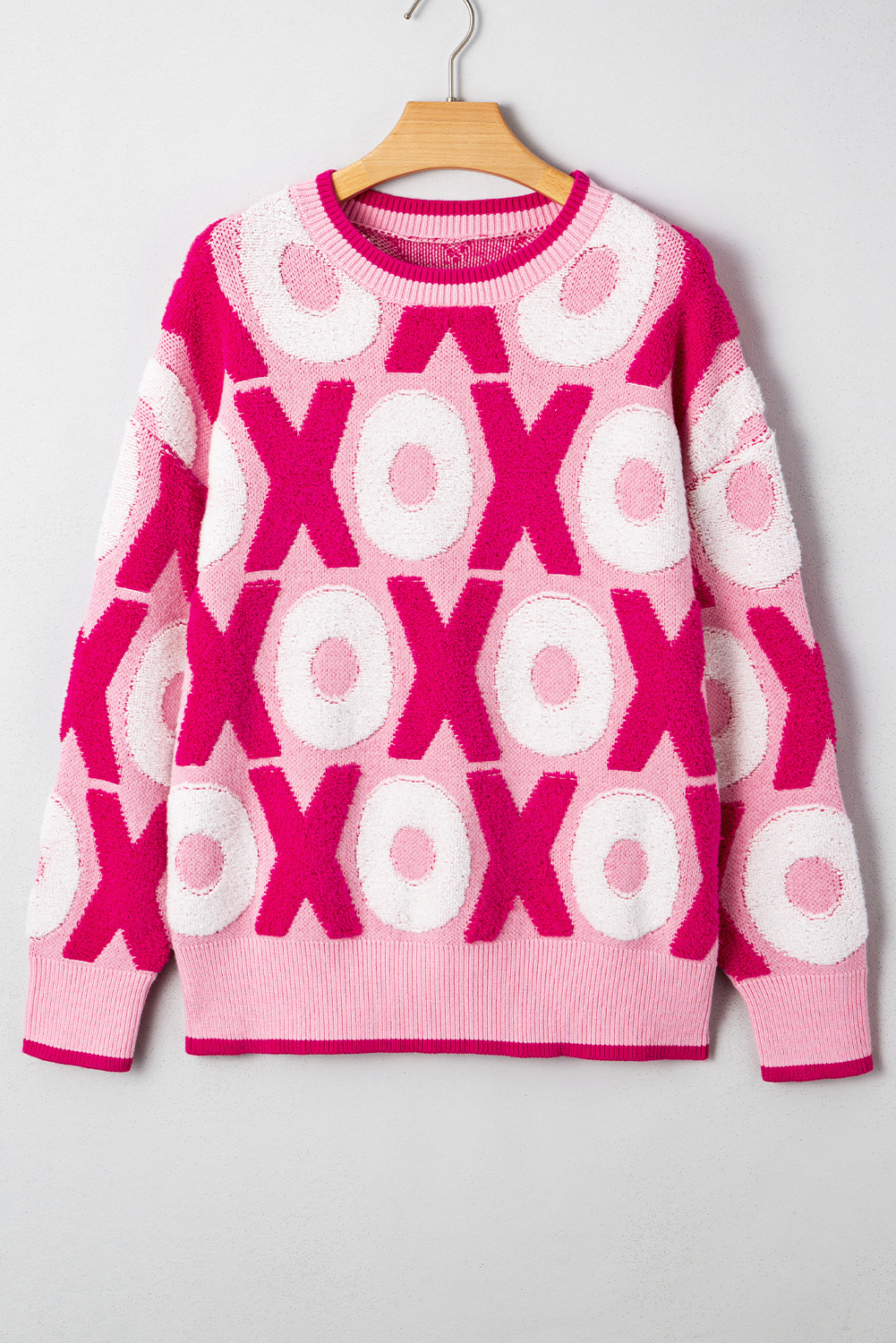 Women's Long Sleeve XOXO Sweater in Pink – Festive Winter Casual - Detail View 3 Women's Long Sleeve XOXO Sweater in Pink – Festive Winter Casual - Detail View 3