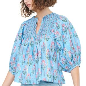 Women's Sky Blue Floral Striped Print Tie Shirred Neck Blouse with Puff Sleeves - Main View
