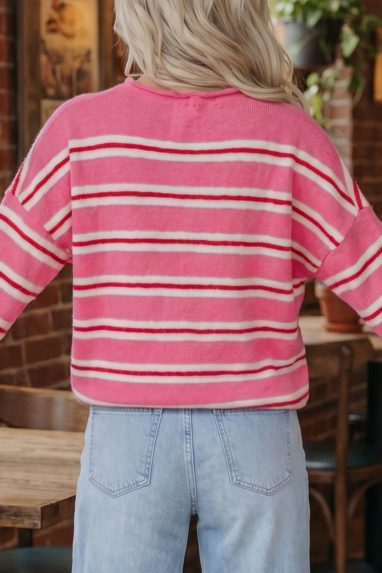 Soft Striped Long Sleeve Cardigan, Trendy Pink Button Top - Detail View 2 Soft Striped Long Sleeve Cardigan, Trendy Pink Button Top - Detail View 2
