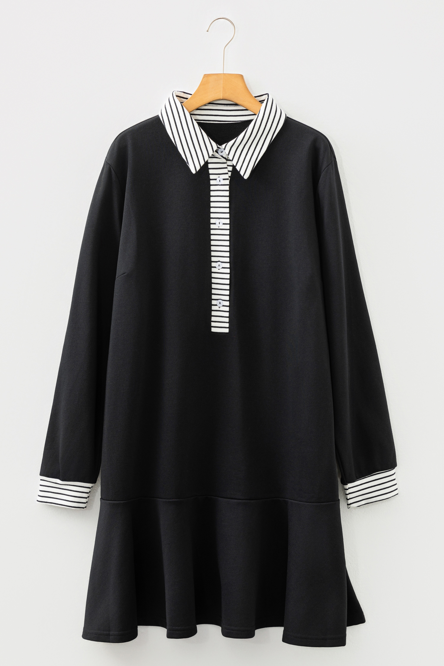 Versatile Black Striped Polo Collar Dress for Women – Long Sleeve Ruffle Hem Perfect for Casual Outings - Detail View 3 Versatile Black Striped Polo Collar Dress for Women – Long Sleeve Ruffle Hem Perfect for Casual Outings - Detail View 3