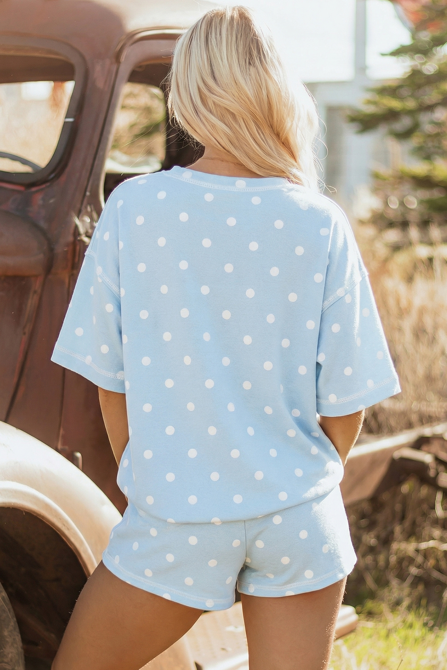 Casual Women's Two-Piece Polka Dot Outfit – Sky Blue Short Sleeve Tee and Adjustable Shorts for Summer - Detail View 2 Casual Women's Two-Piece Polka Dot Outfit – Sky Blue Short Sleeve Tee and Adjustable Shorts for Summer - Detail View 2