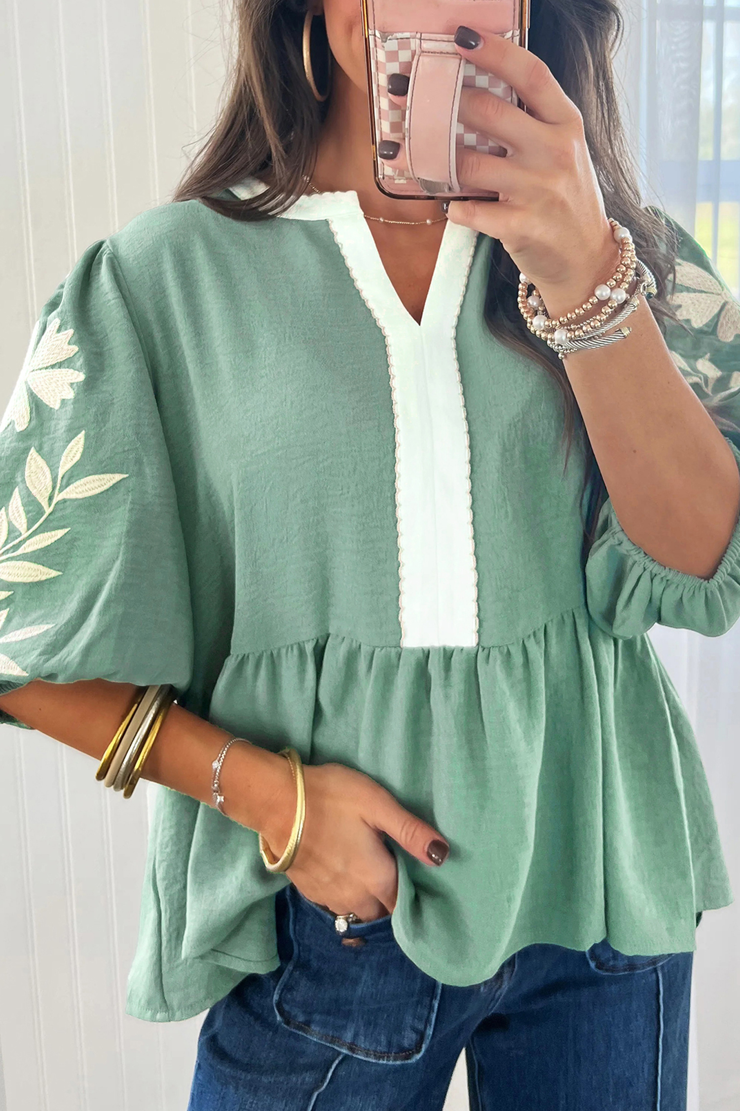 Women's Smoke Green Color Block Babydoll Blouse – Embroidered Puff Sleeve Summer Top - Detail View 7 Women's Smoke Green Color Block Babydoll Blouse – Embroidered Puff Sleeve Summer Top - Detail View 7