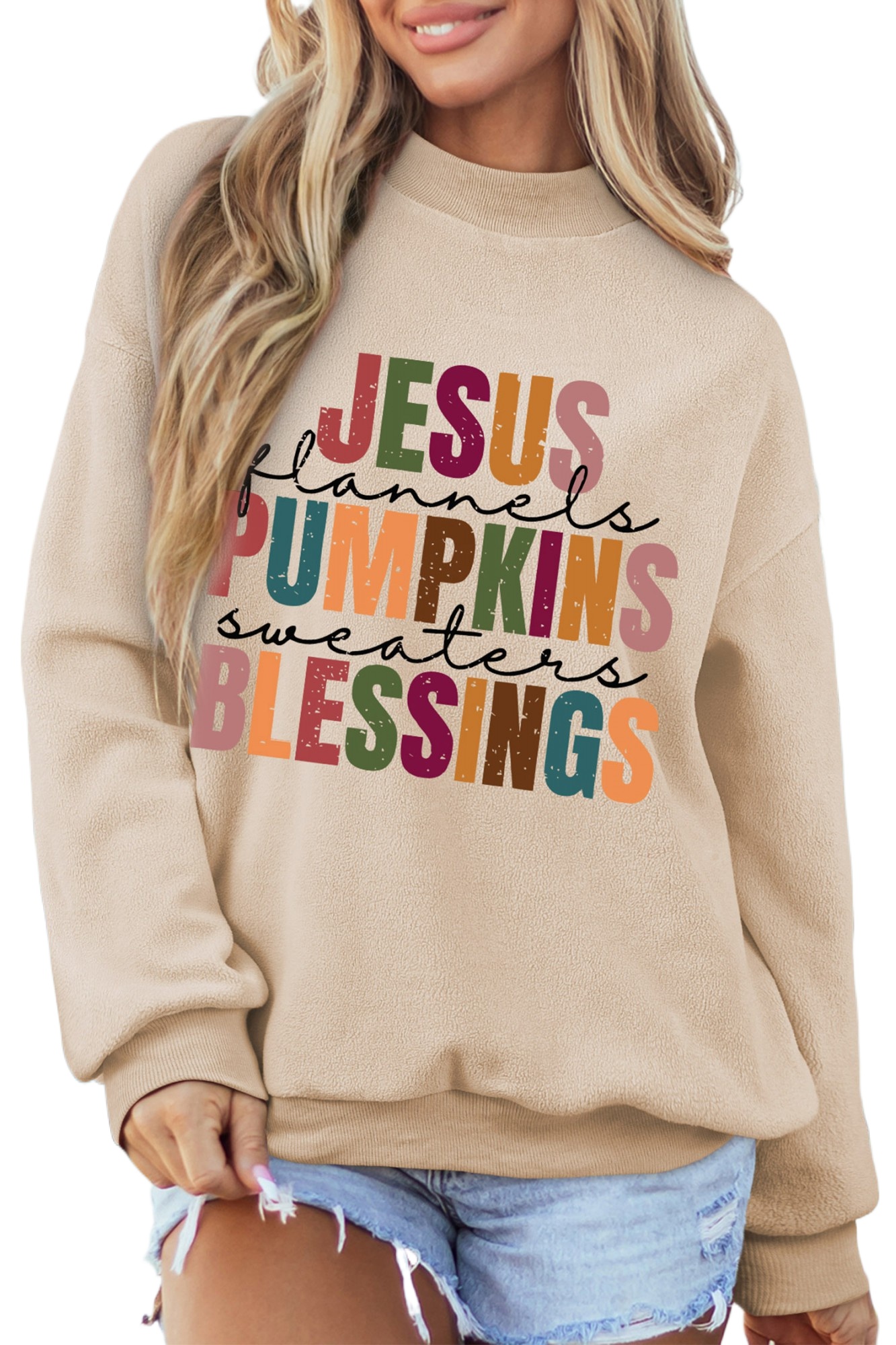 Women's Thanksgiving Graphic Sweatshirt, Apricot Mock Neck - Main View Women's Thanksgiving Graphic Sweatshirt, Apricot Mock Neck - Main View