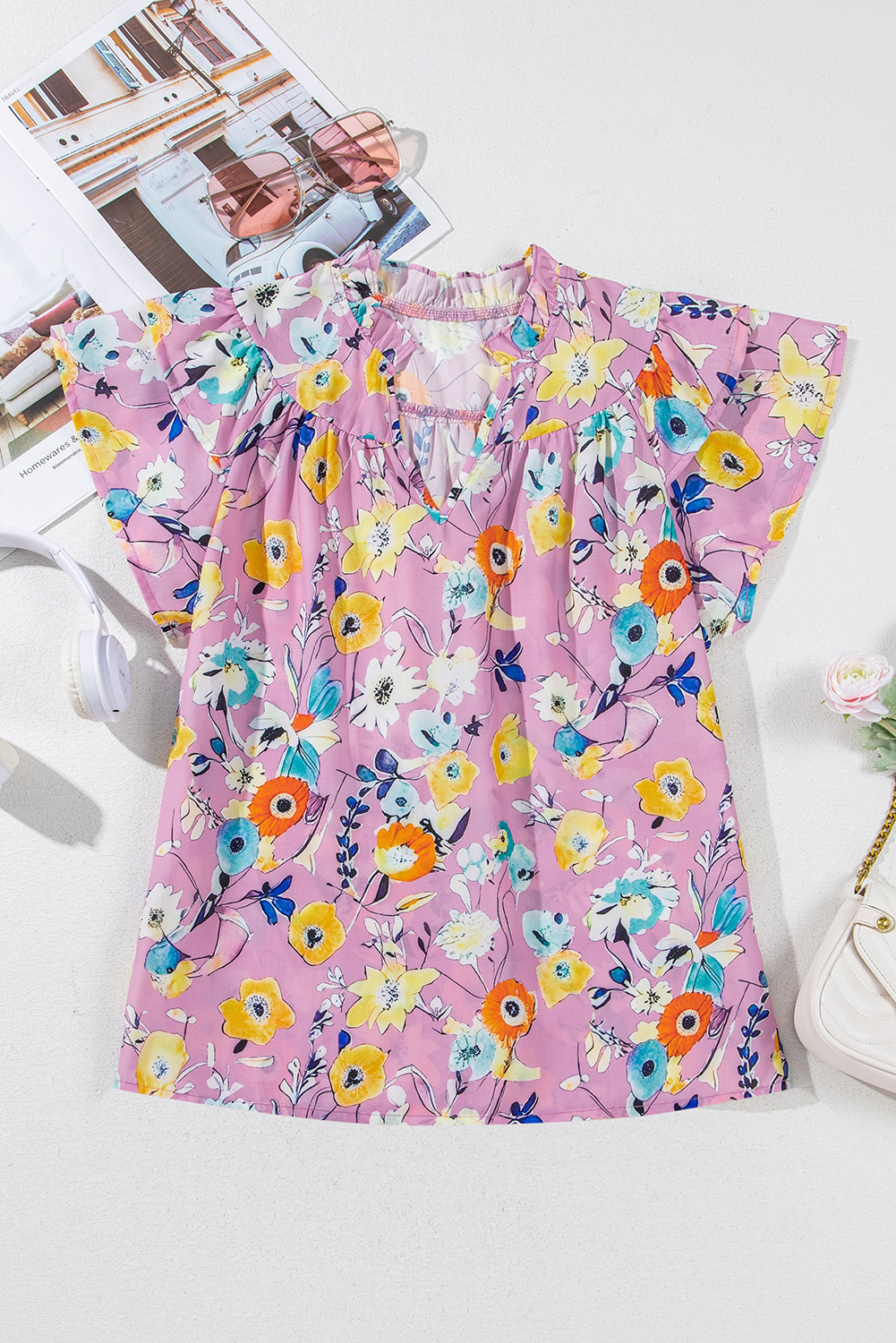 Feminine and Stylish Pink Floral Top with Delicate Ruffle Sleeves - Perfect for Summer - Detail View 3 Feminine and Stylish Pink Floral Top with Delicate Ruffle Sleeves - Perfect for Summer - Detail View 3