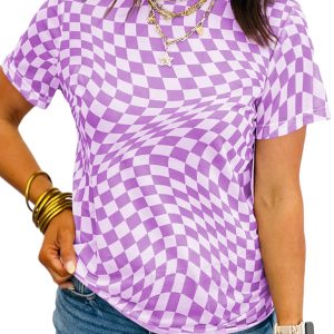 Women's Purple Checkered Mock Neck Mesh T-Shirt – Casual Summer Style for Everyday Wear - Main View