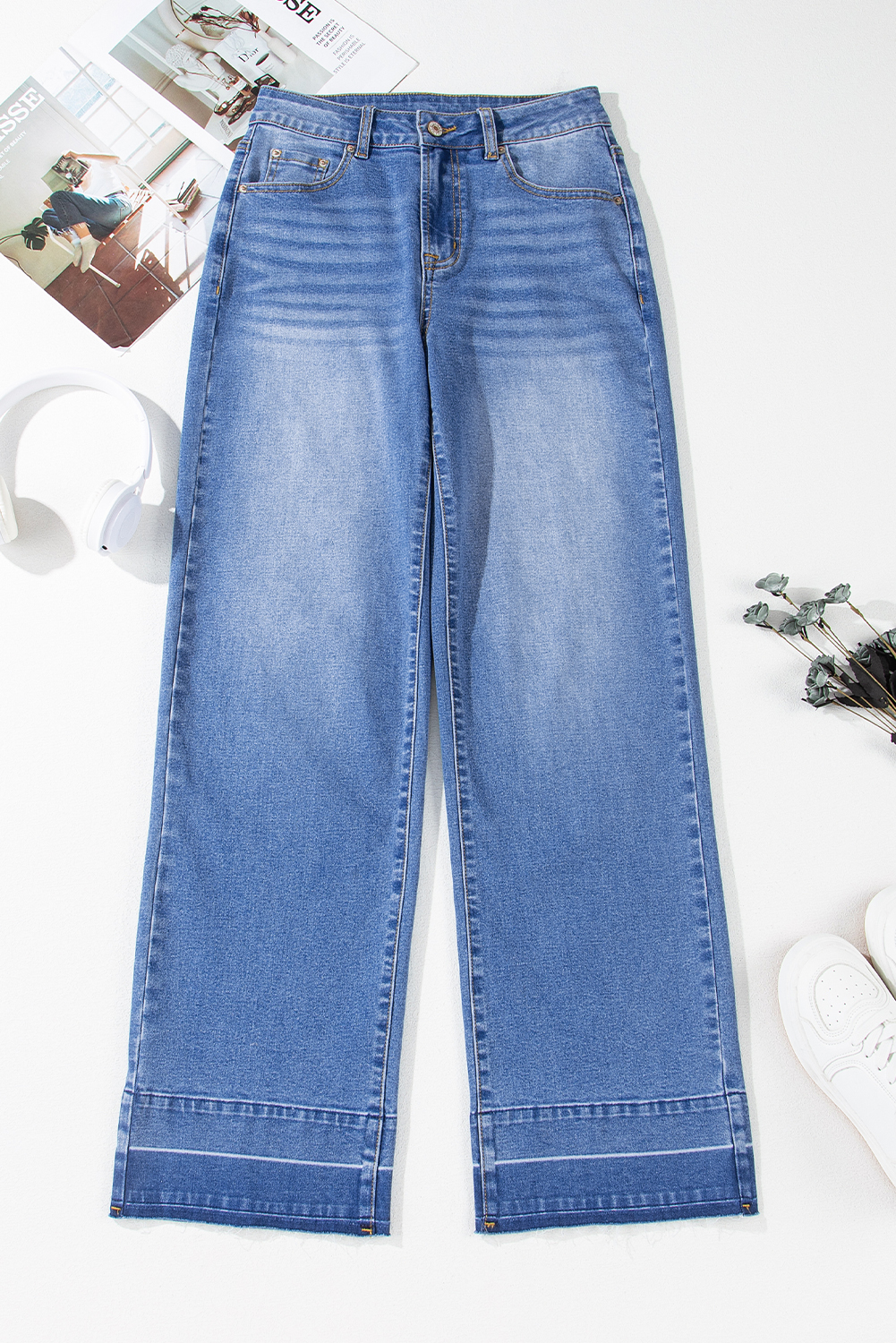 Women's Sail Blue Raw Hem Straight Jeans – High Rise Loose Fit with Unique Cuffs for Casual Daily Wear - Detail View 10 Women's Sail Blue Raw Hem Straight Jeans – High Rise Loose Fit with Unique Cuffs for Casual Daily Wear - Detail View 10