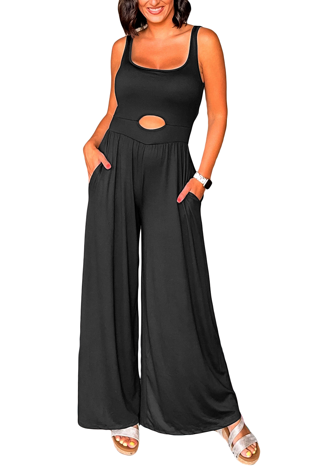Women's Black Peekaboo Wide Leg Jumpsuit - Trendy Square Neck Sleeveless Design - Detail View 13 Women's Black Peekaboo Wide Leg Jumpsuit - Trendy Square Neck Sleeveless Design - Detail View 13