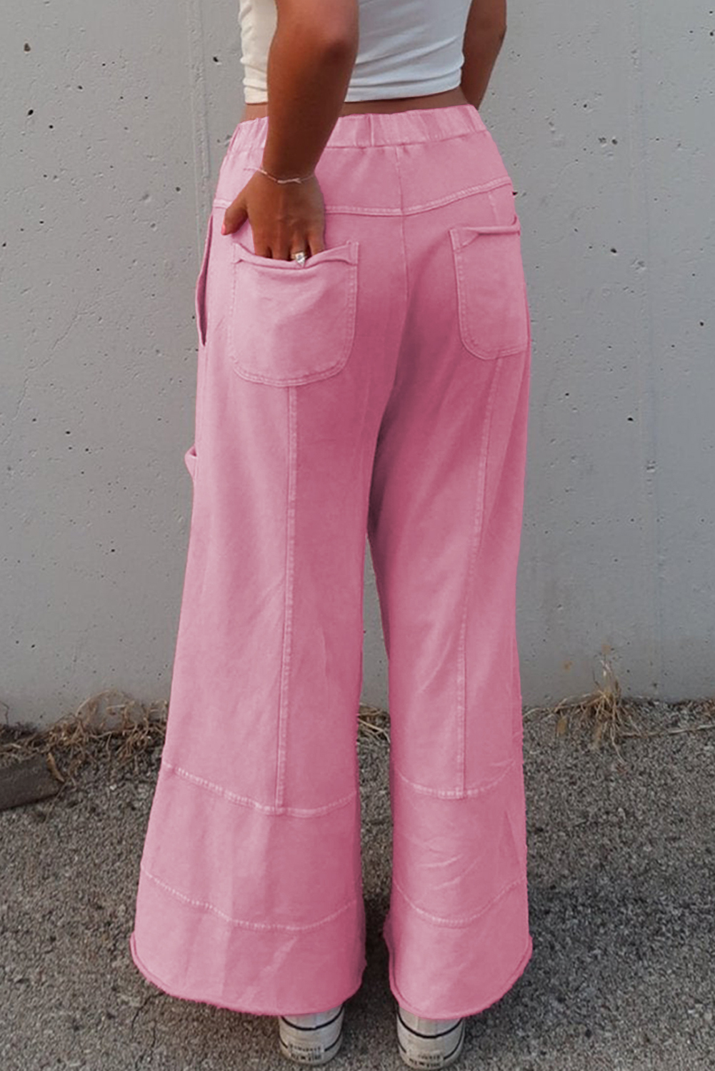 Casual Pink Wide Leg Cargo Pants - Adjustable Drawstring & Exposed Seams - Detail View 2 Casual Pink Wide Leg Cargo Pants - Adjustable Drawstring & Exposed Seams - Detail View 2