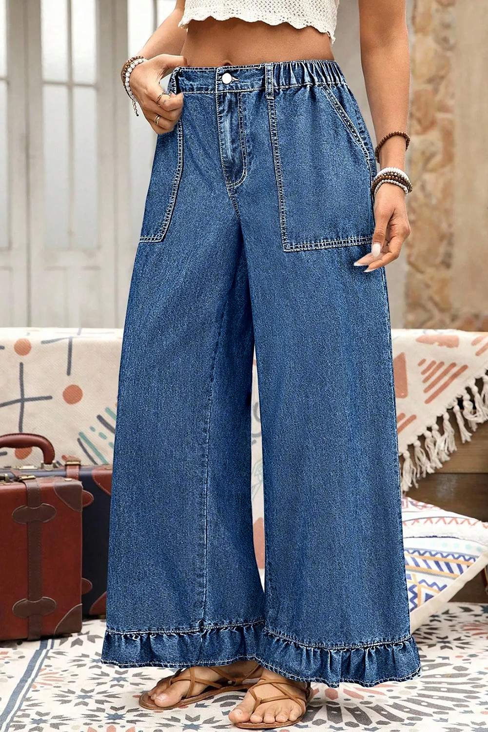 Stylish Sail Blue Plus Size Denim Pants with Elastic Waist – Ruffled Wide Leg Design - Detail View 3 Stylish Sail Blue Plus Size Denim Pants with Elastic Waist – Ruffled Wide Leg Design - Detail View 3