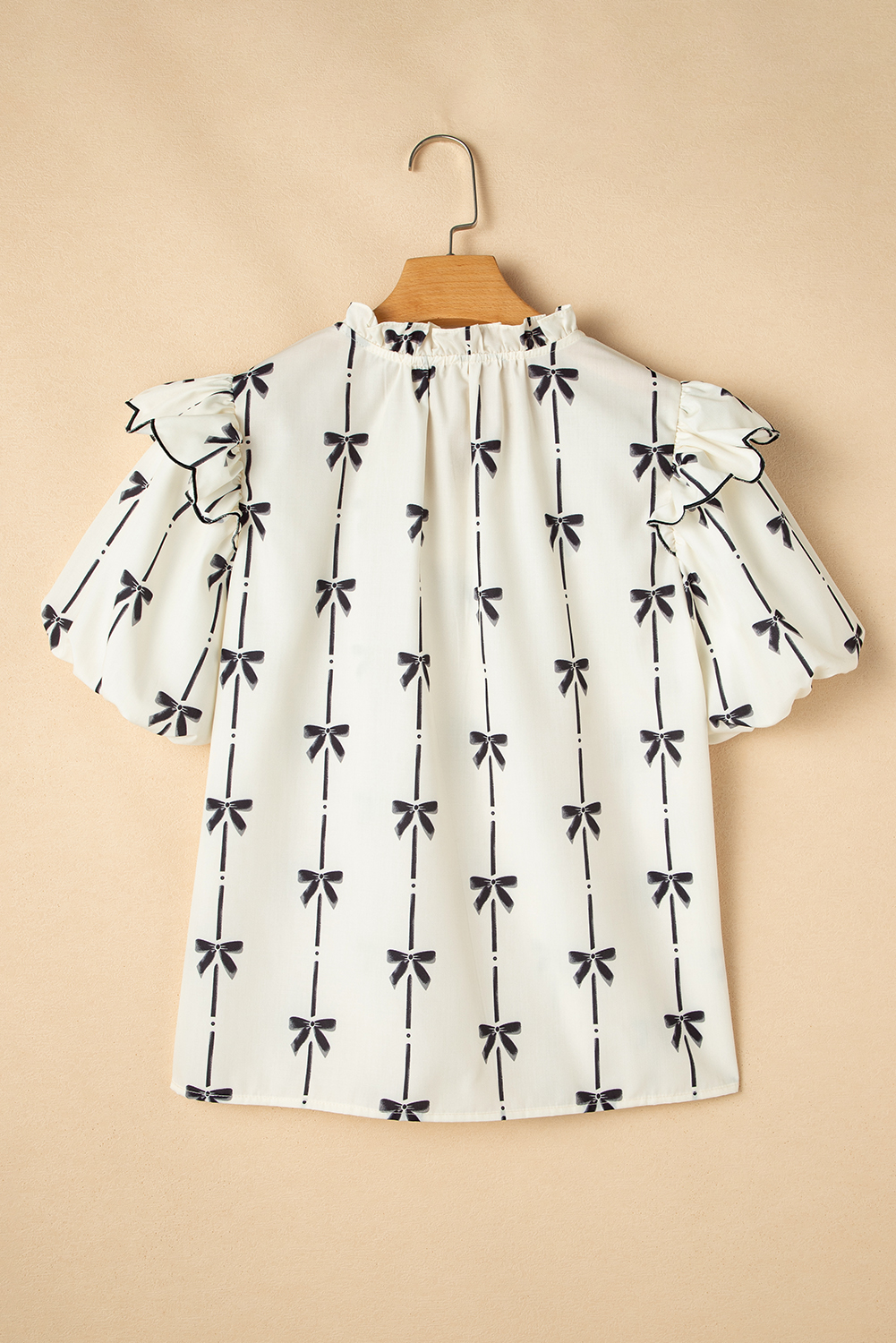 Women's Blouse, Beige Color, Bow Print, Ruffled Bubble Sleeve, Tied Notched V Neck, Casual Top, Lightweight, Comfortable, Feminine Charm, Puff Sleeves, Daily Wear, Summer Fashion, Tops & Blouses - Detail View 12 Women's Blouse, Beige Color, Bow Print, Ruffled Bubble Sleeve, Tied Notched V Neck, Casual Top, Lightweight, Comfortable, Feminine Charm, Puff Sleeves, Daily Wear, Summer Fashion, Tops & Blouses - Detail View 12