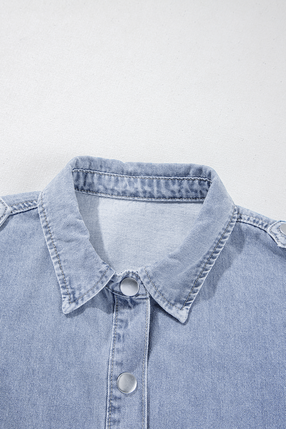 Women's Shirt, Dusk Blue, Denim Fabric, Pinup Style, Folded Cap Sleeves, Casual Wear, Cropped Length, Boxy Fit, Solid Color, Daily Wear, Summer Fashion, Tops, Blouses & Shirts - Detail View 16 Women's Shirt, Dusk Blue, Denim Fabric, Pinup Style, Folded Cap Sleeves, Casual Wear, Cropped Length, Boxy Fit, Solid Color, Daily Wear, Summer Fashion, Tops, Blouses & Shirts - Detail View 16